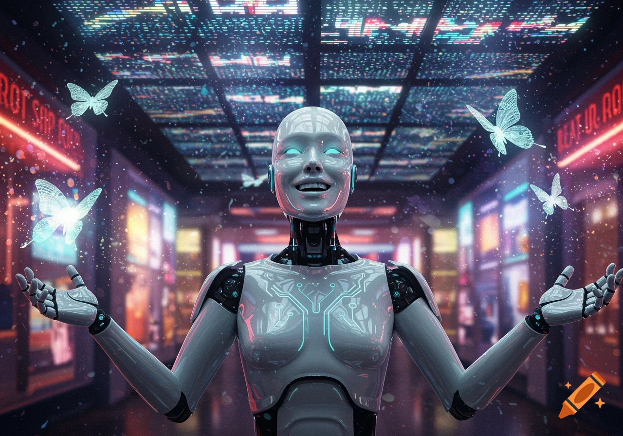 A white robot with glowing blue eyes smiles, surrounded by glowing butterflies in a neon-lit futuristic corridor.
