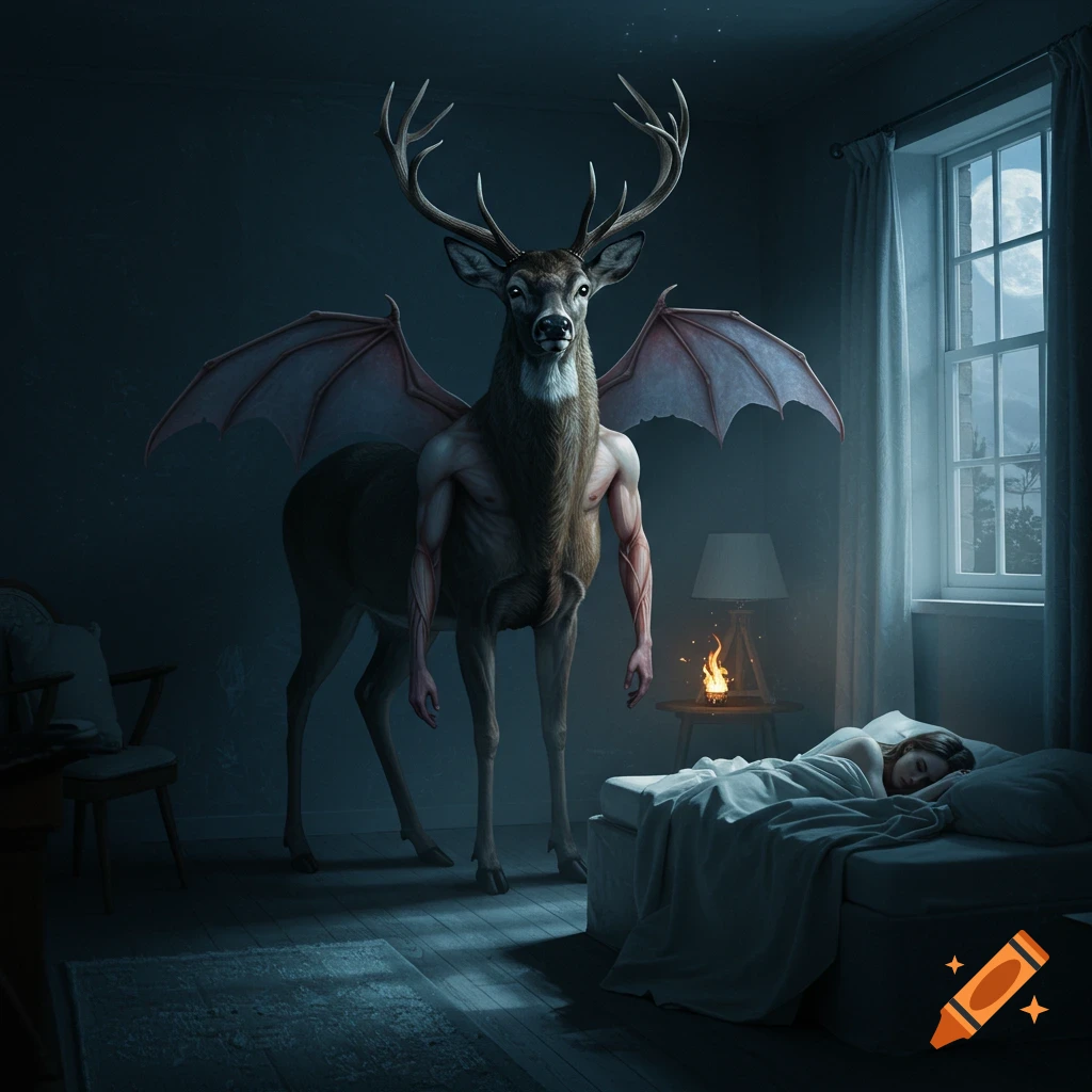 A photorealistic image of a deer-headed, muscular human hybrid with bat wings standing over a sleeping woman in a moonlit bedroom.