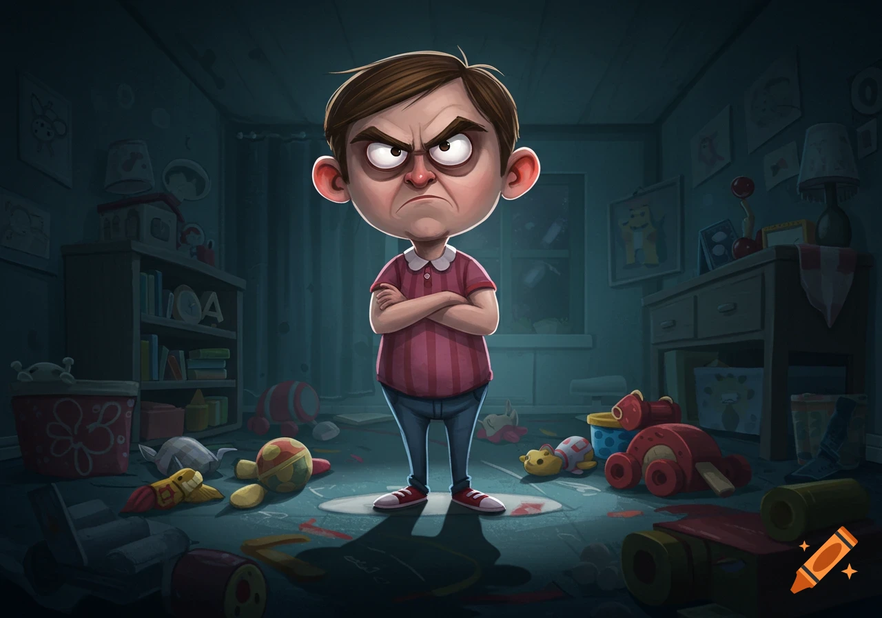 A cartoon boy with a very angry expression, arms crossed, stands in a messy bedroom full of toys, illuminated by a spotlight.