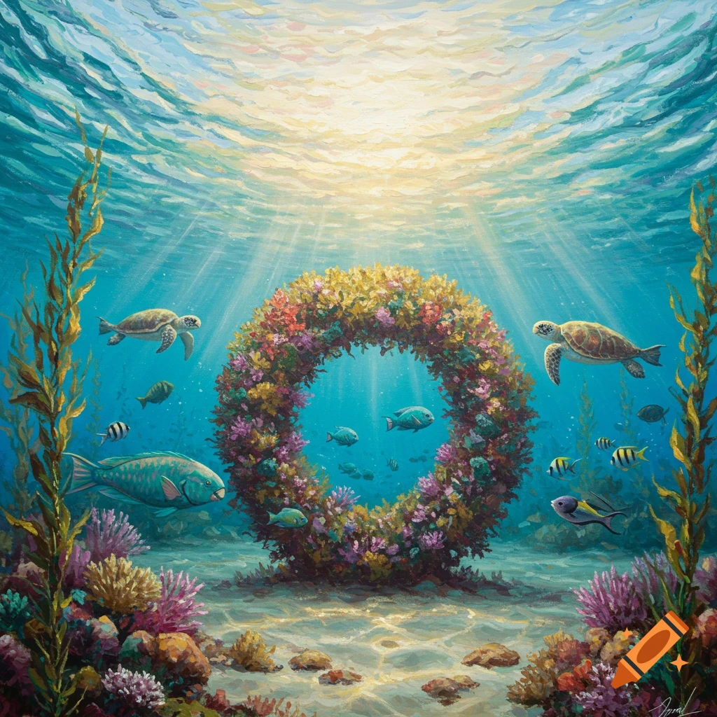Impressionist painting of an underwater scene with a vibrant floral wreath, sun rays, sea turtles, and colorful fish.