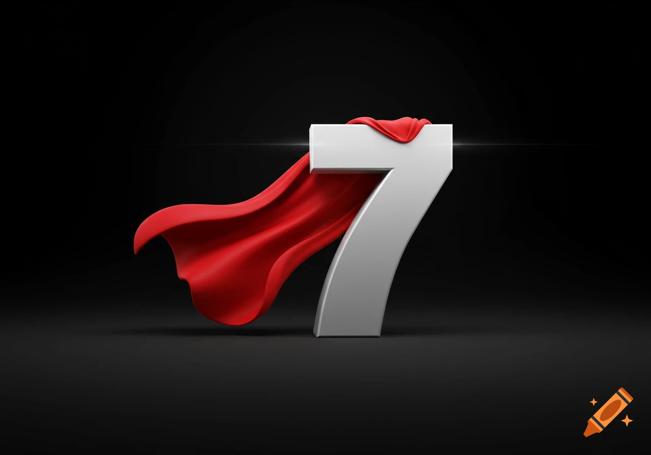 A white 3D number 7 with a red superhero cape against a dark background.