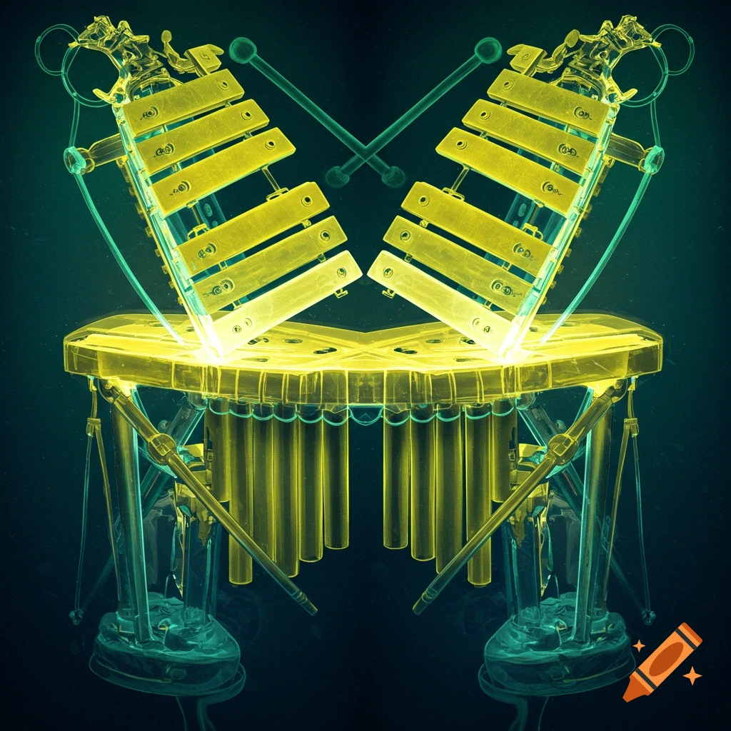 X-ray style image of two yellow xylophones and mallets with teal accents, mirrored against a dark background.