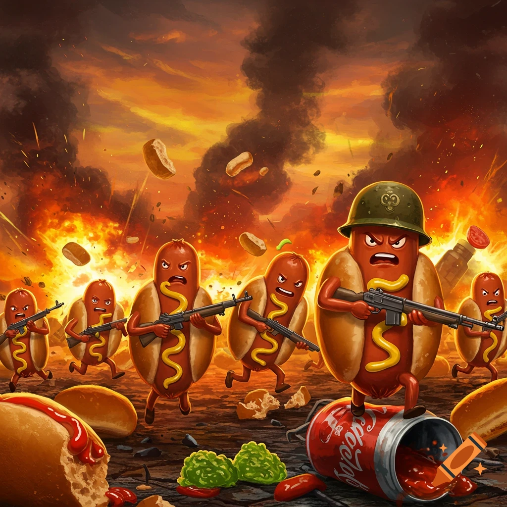 Cartoon hot dog soldiers with guns battling in an explosive warzone.