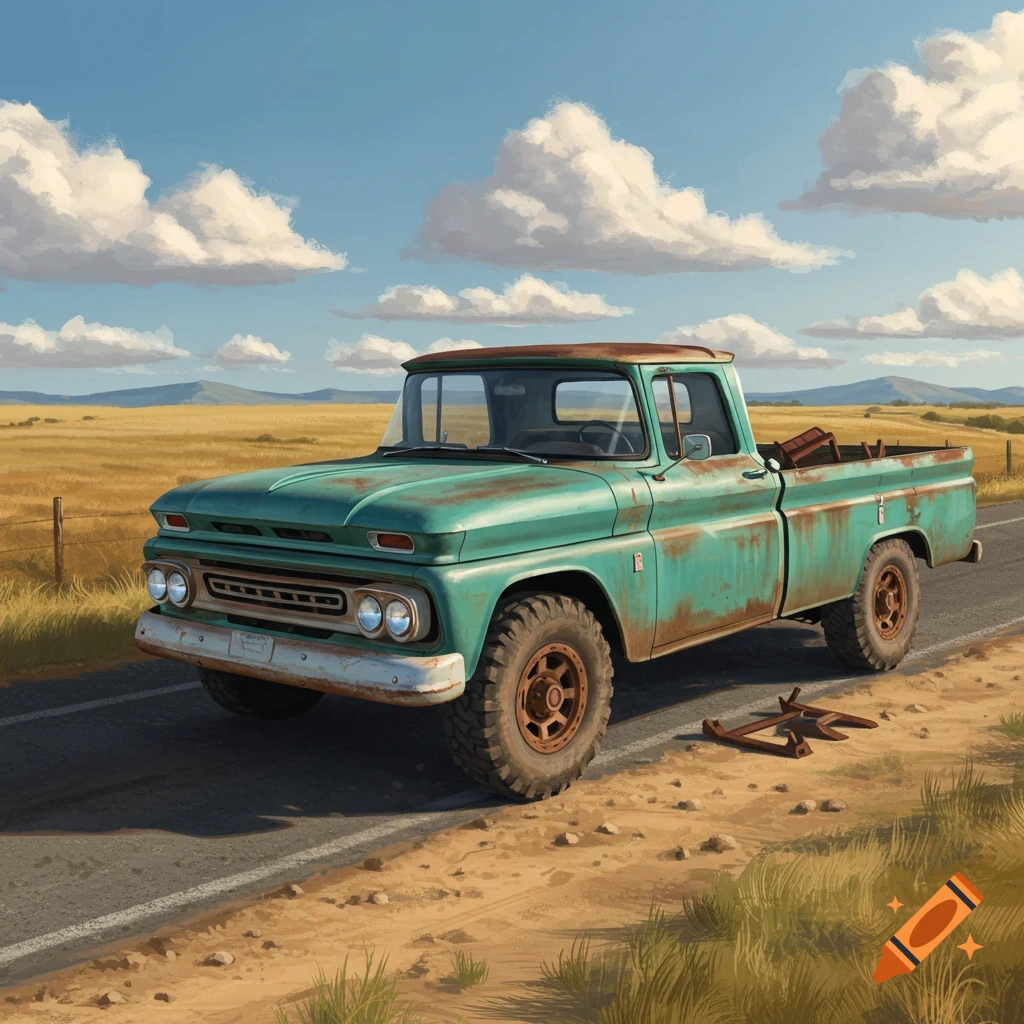 A rusty, old green pickup truck parked on a country road next to a field under a cloudy sky.