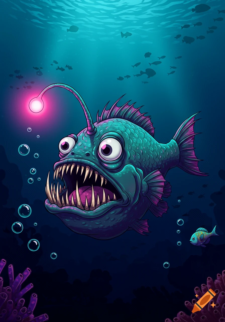 Cartoon deep-sea anglerfish with a glowing lure, large eyes, and sharp teeth swims in dark blue water.