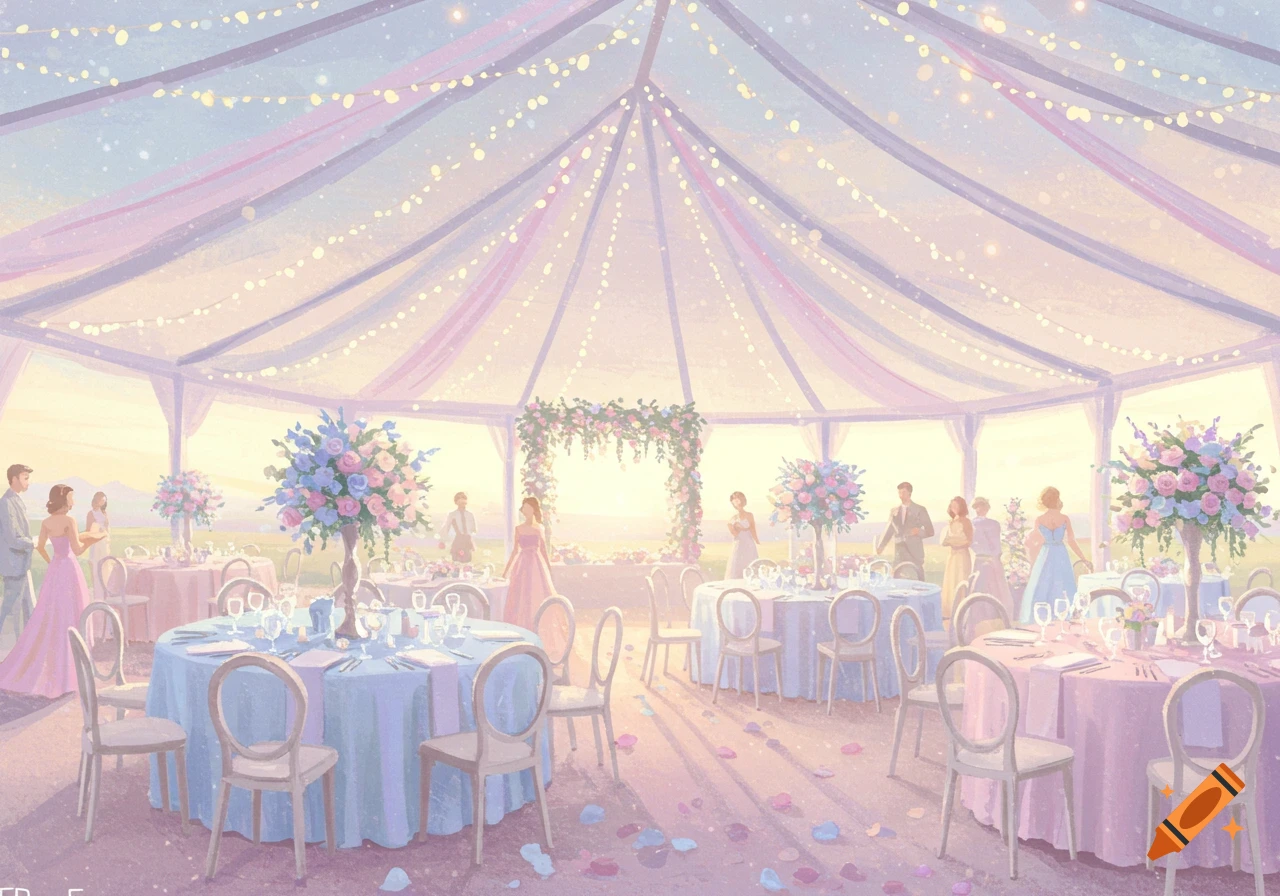 Dreamy pastel illustration of a wedding reception under a tent with string lights, round tables, and people.