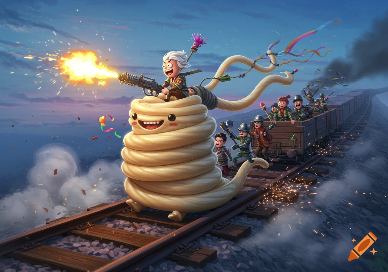 Whimsical cartoon illustration of a giant noodle monster with a smiling face running on train tracks, while a character on its head fires a flamethrower, and a ragtag army follows in a train car.