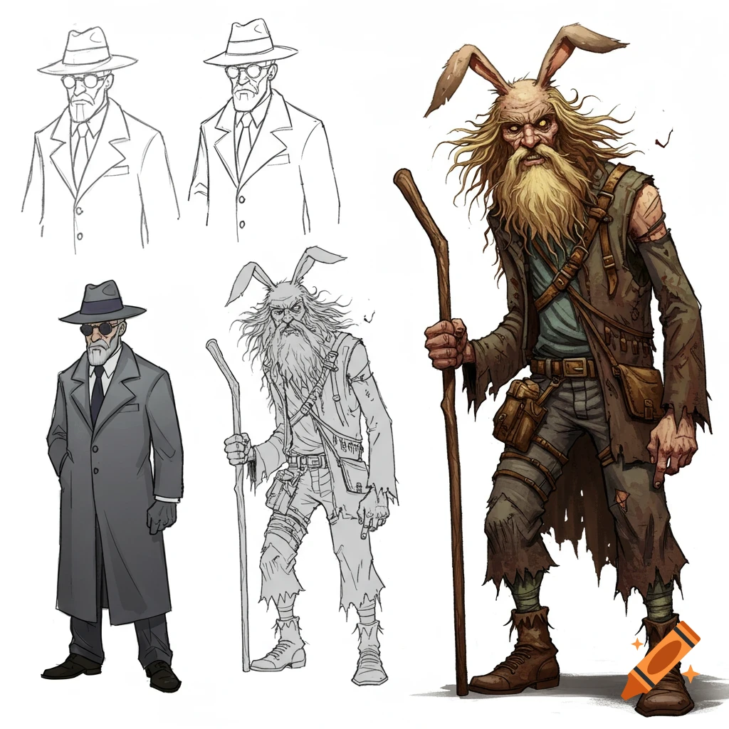 A concept art sheet features two distinct characters: a man in a fedora and sunglasses, and a wild, bearded man with rabbit ears, both shown in various drawing stages from sketch to full color.