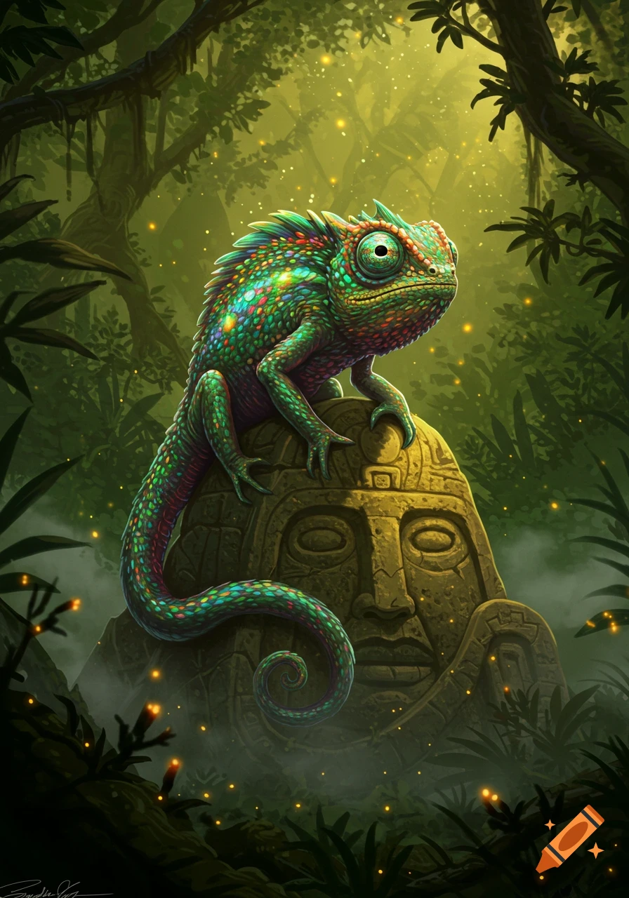 A vibrant, multi-colored chameleon perches on an ancient stone head in a lush, mystical jungle with glowing fireflies.