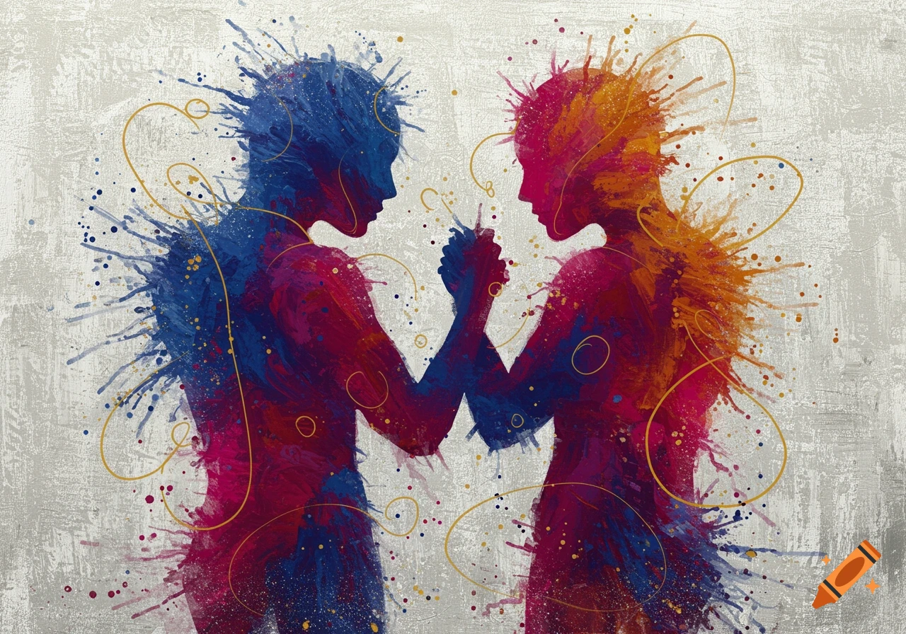 Abstract painting of two figures made of paint splatters in blue, red, and orange, holding hands on a textured background.