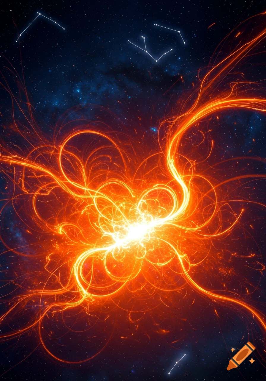 A bright orange and white energy flare against a dark blue cosmic background with constellations.