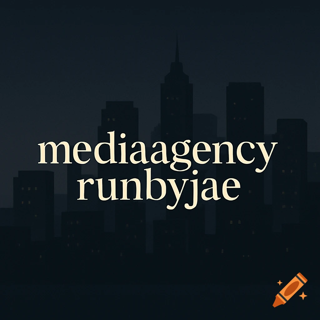 A dark logo with a city skyline silhouette and the text 'mediaagency runbyjae' in an old-fashioned font.