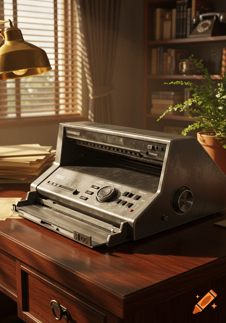 A detailed, photorealistic image of an old flatbed scanner on a wooden desk with a brass lamp and blinds.