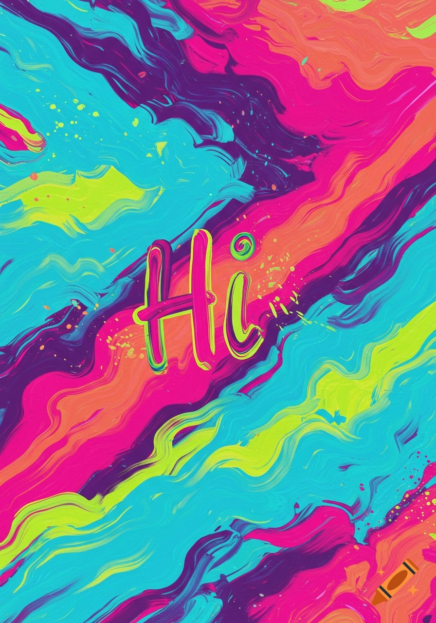 Vibrant abstract painting with swirling brush strokes in pink, blue, purple, orange, and green, featuring the word 'Hi' in the center.