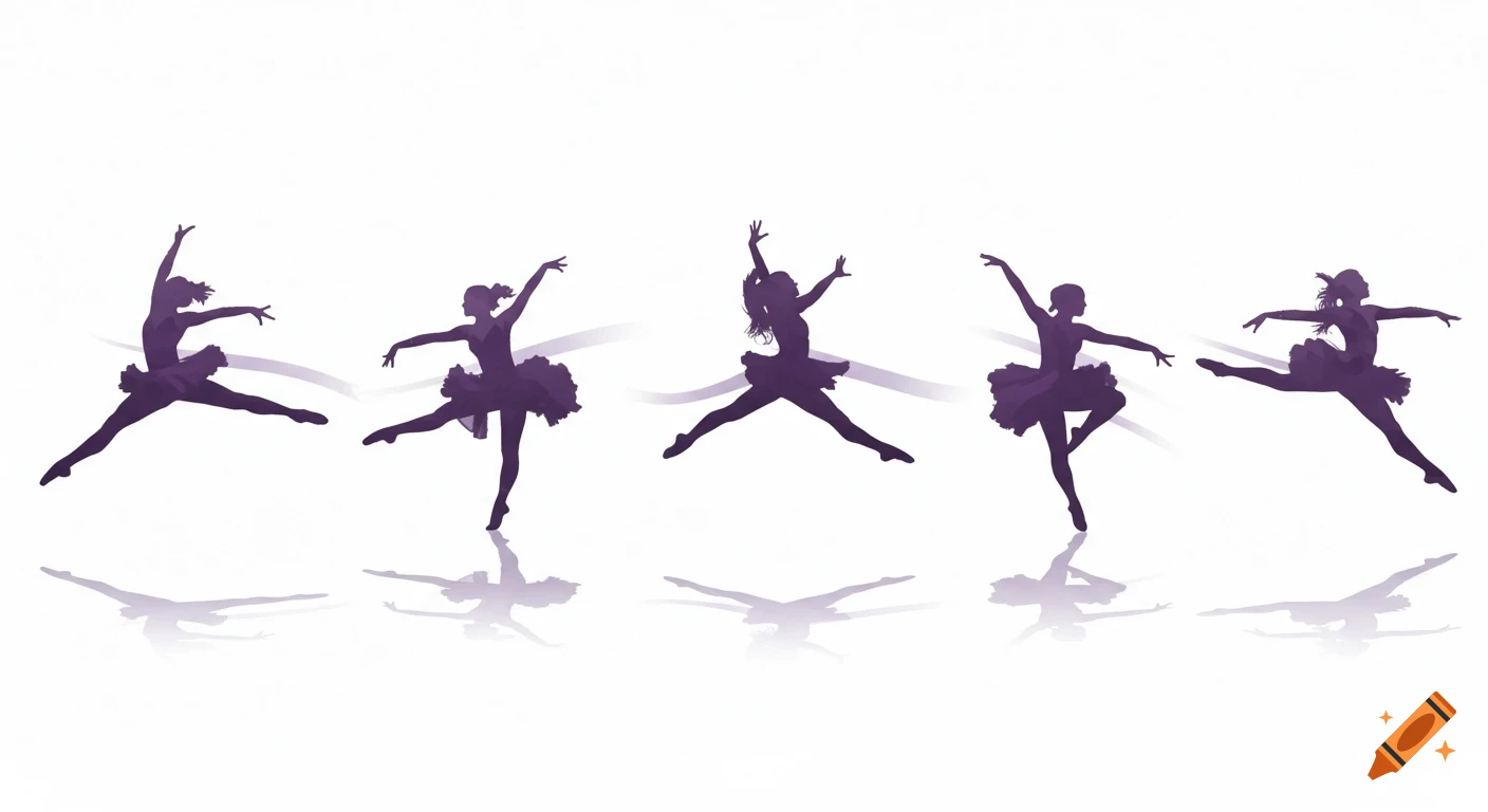 Five purple silhouettes of female ballet dancers in various leaping and posing stances, with light reflections on a white background.