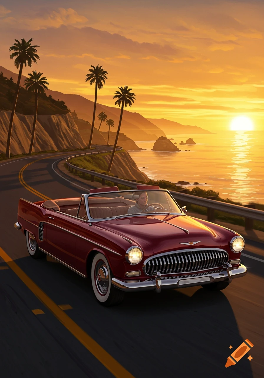 Red vintage convertible car driving on a coastal road at sunset with palm trees.