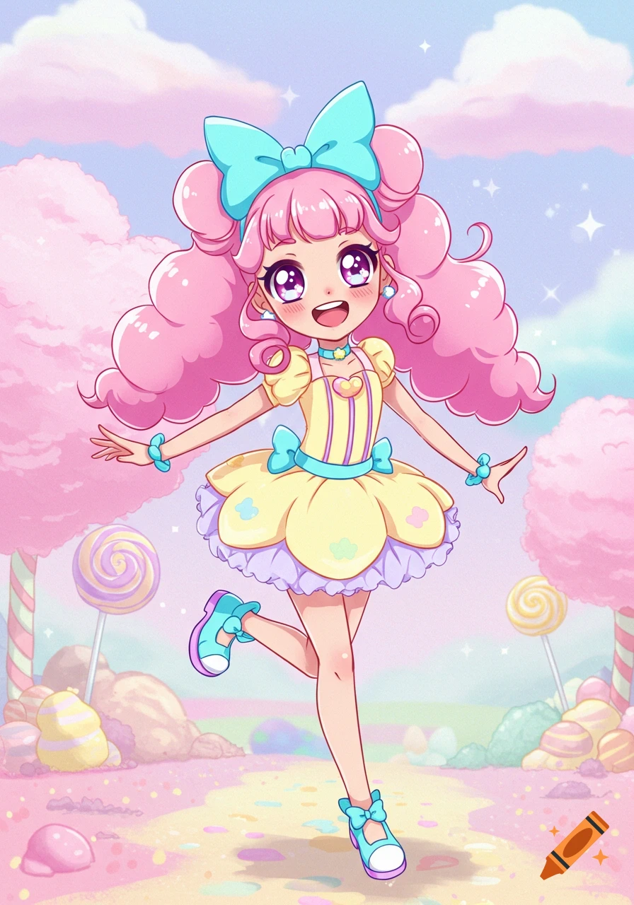 A cheerful cartoon girl with pink curly hair in a yellow dress and blue bow skips through a pastel candy land.