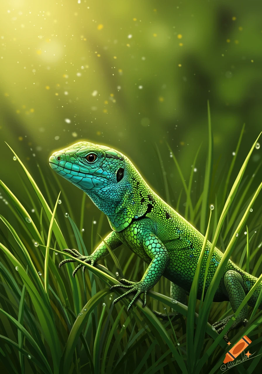 A vibrant green and blue lizard sits in bright green grass with dew drops and sunlit bokeh.