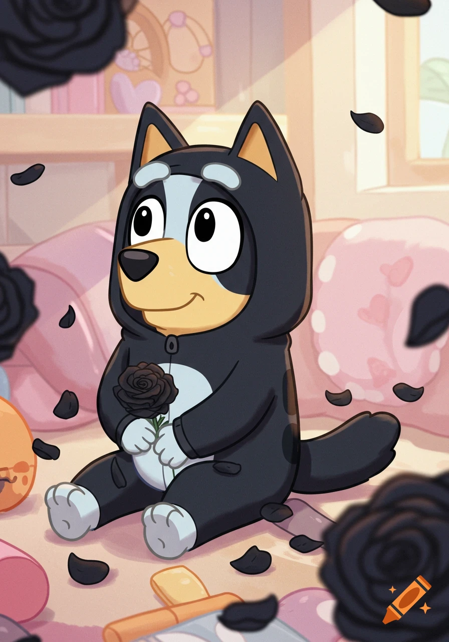 Bingo from Bluey in a black cat onesie sits in a pastel room, holding a black rose with scattered petals.