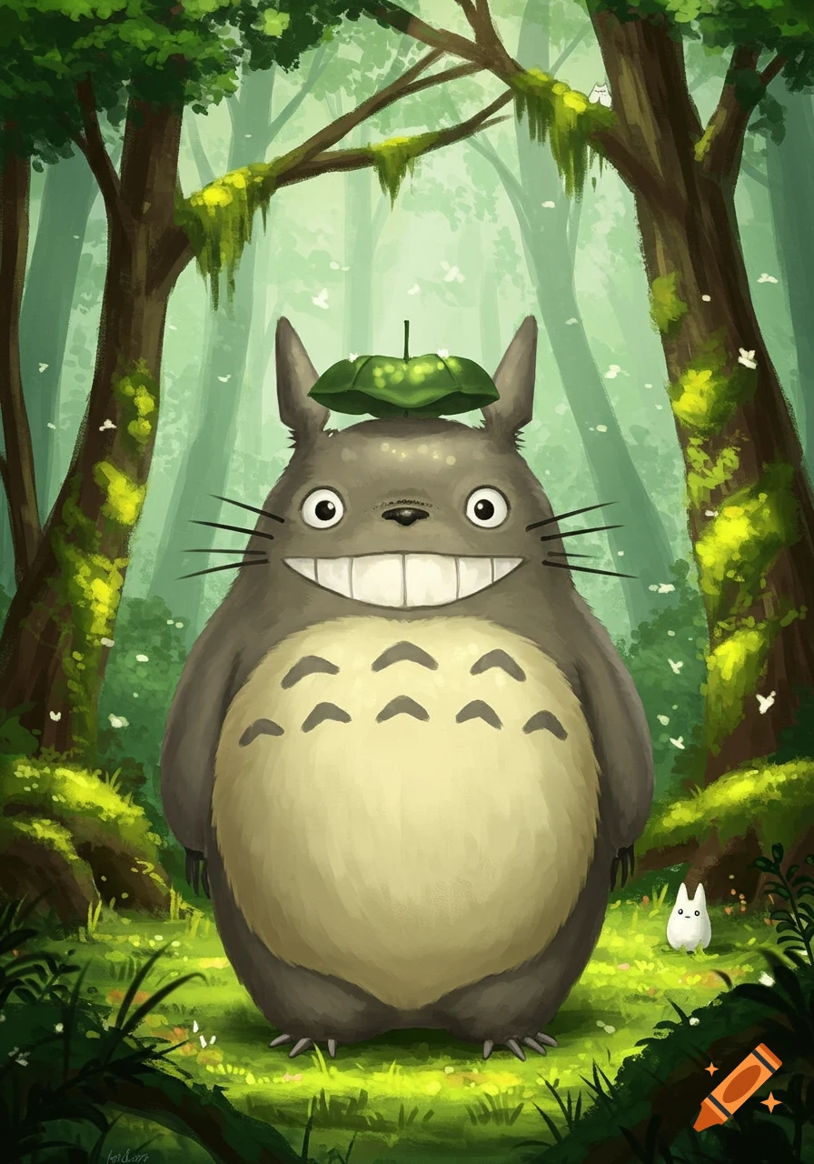 A smiling grey Totoro wearing a leaf hat stands in a lush green forest. A tiny white Totoro is on the right.