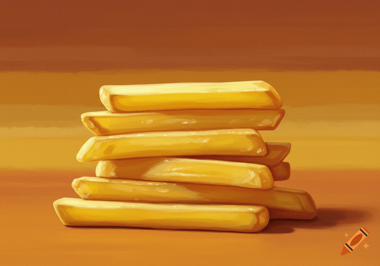 A painterly still life of a stack of golden french fries against a brown and orange gradient background.