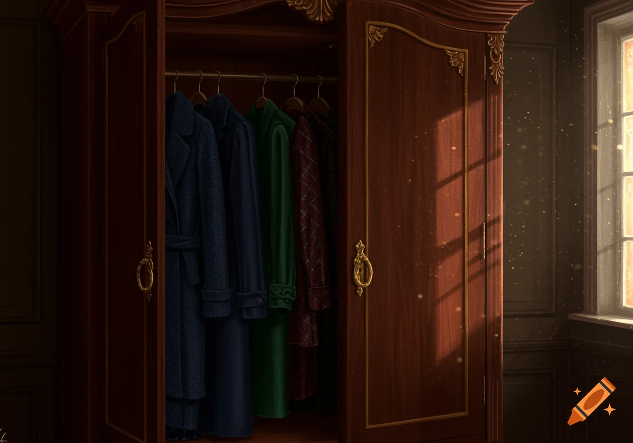 An open, elegant dark wood wardrobe with gold accents, filled with several long coats in deep colors, illuminated by sunlight streaming from a window.