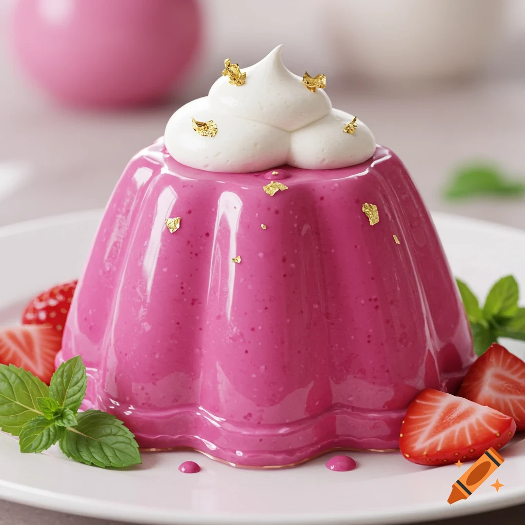 A vibrant pink pudding dessert with whipped cream, gold flakes, strawberries, and mint on a white plate.