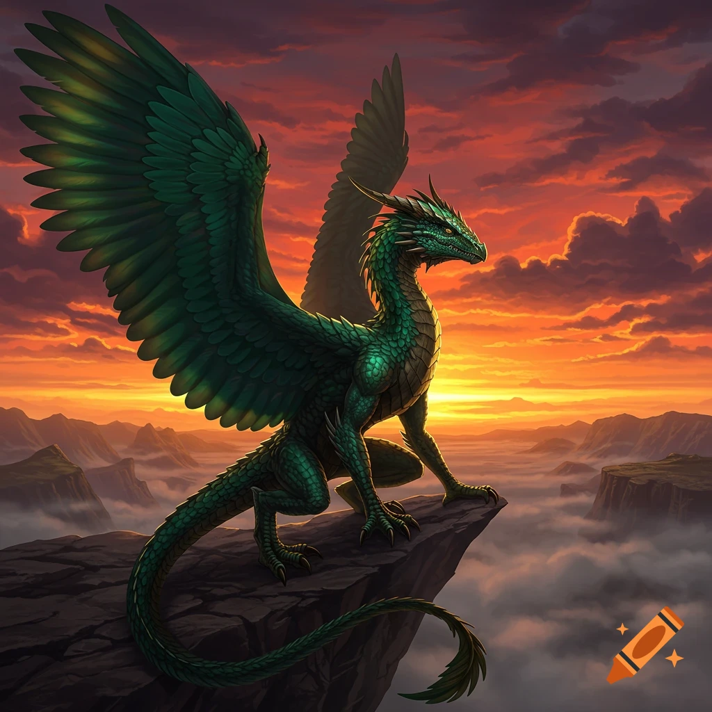 A vibrant green dragon with large wings perches on a rocky cliff overlooking a misty valley at sunset.
