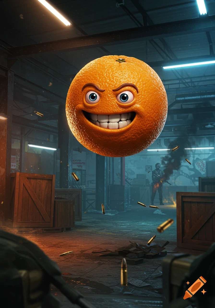 A large, grinning Annoying Orange character floats in a dark, gritty CS:GO combat zone with a soldier shooting and bullet casings falling.