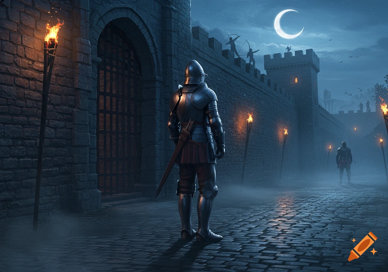A knight in full armor stands before a large castle gate at night, lit by torches under a crescent moon, with archers on the walls.