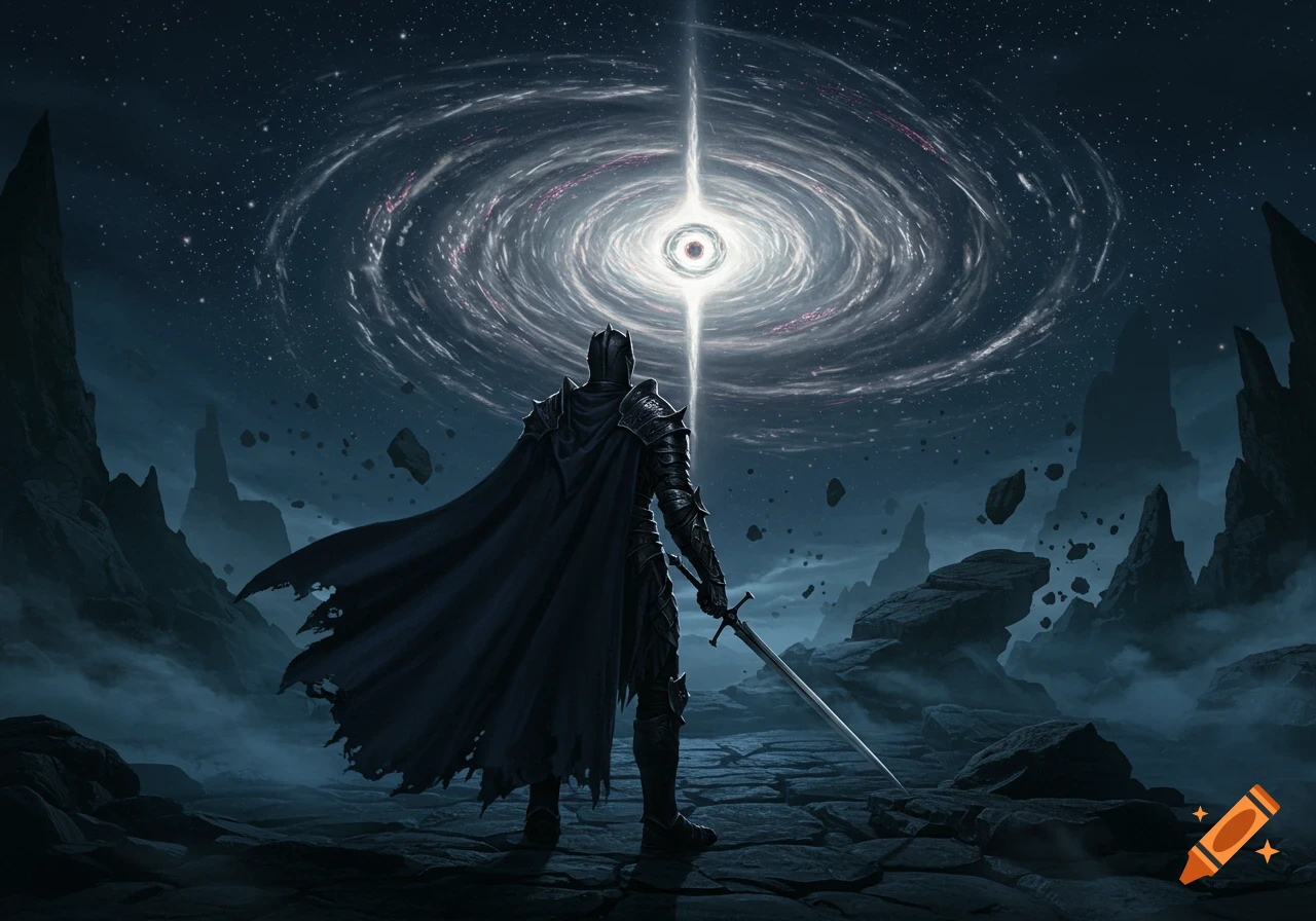 A dark fantasy knight in armor stands on a rocky planet, gazing at a luminous, swirling singularity in the starry night sky.