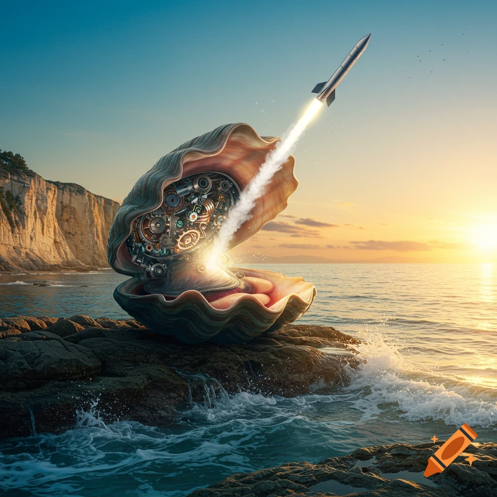 A giant mechanical clam on ocean rocks at sunset, with a rocket launching from its interior filled with gears.