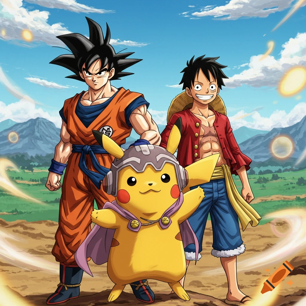 Anime characters Goku and Luffy stand with Captain Pikachu in a vibrant outdoor landscape with mountains.