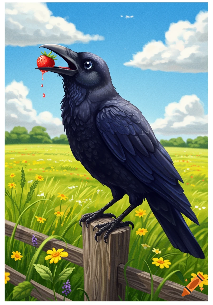 A close-up illustration of a black crow perched on a wooden fence post, holding a ripe red strawberry in its beak, with juice dripping, set against a vibrant green field and blue sky.