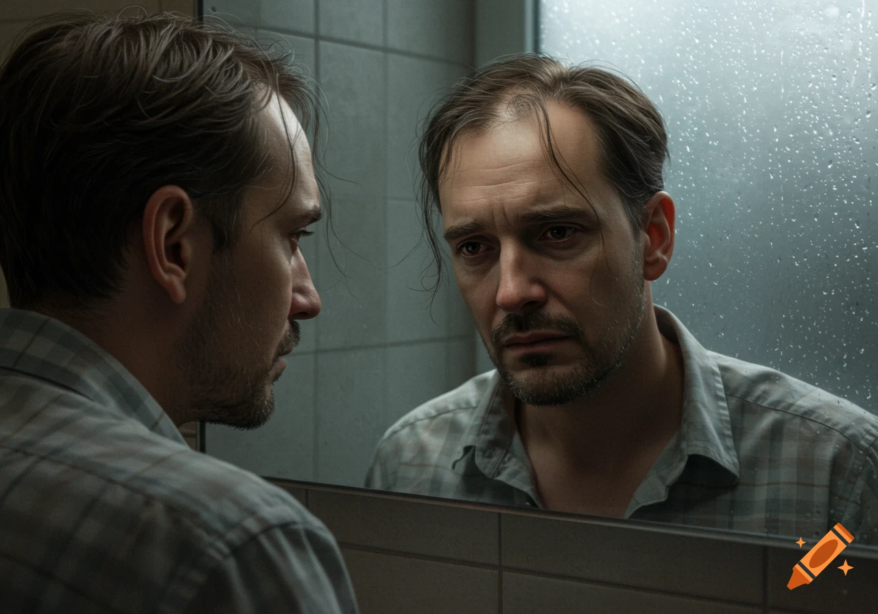 A man with thinning hair and a sad expression looks at his reflection in a mirror in a photorealistic style.