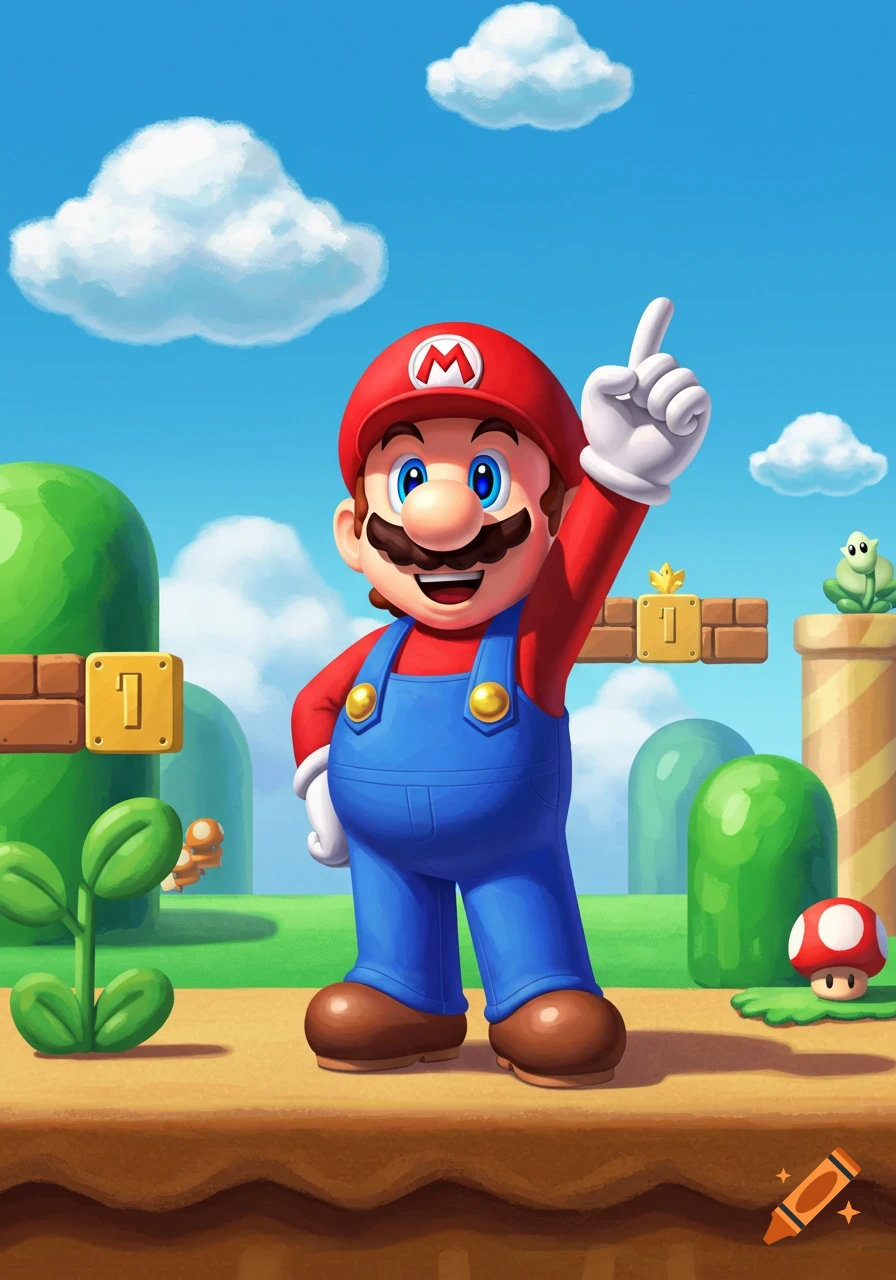 Mario stands in a colorful cartoon landscape, pointing upwards. Classic game elements like blocks and pipes are visible.