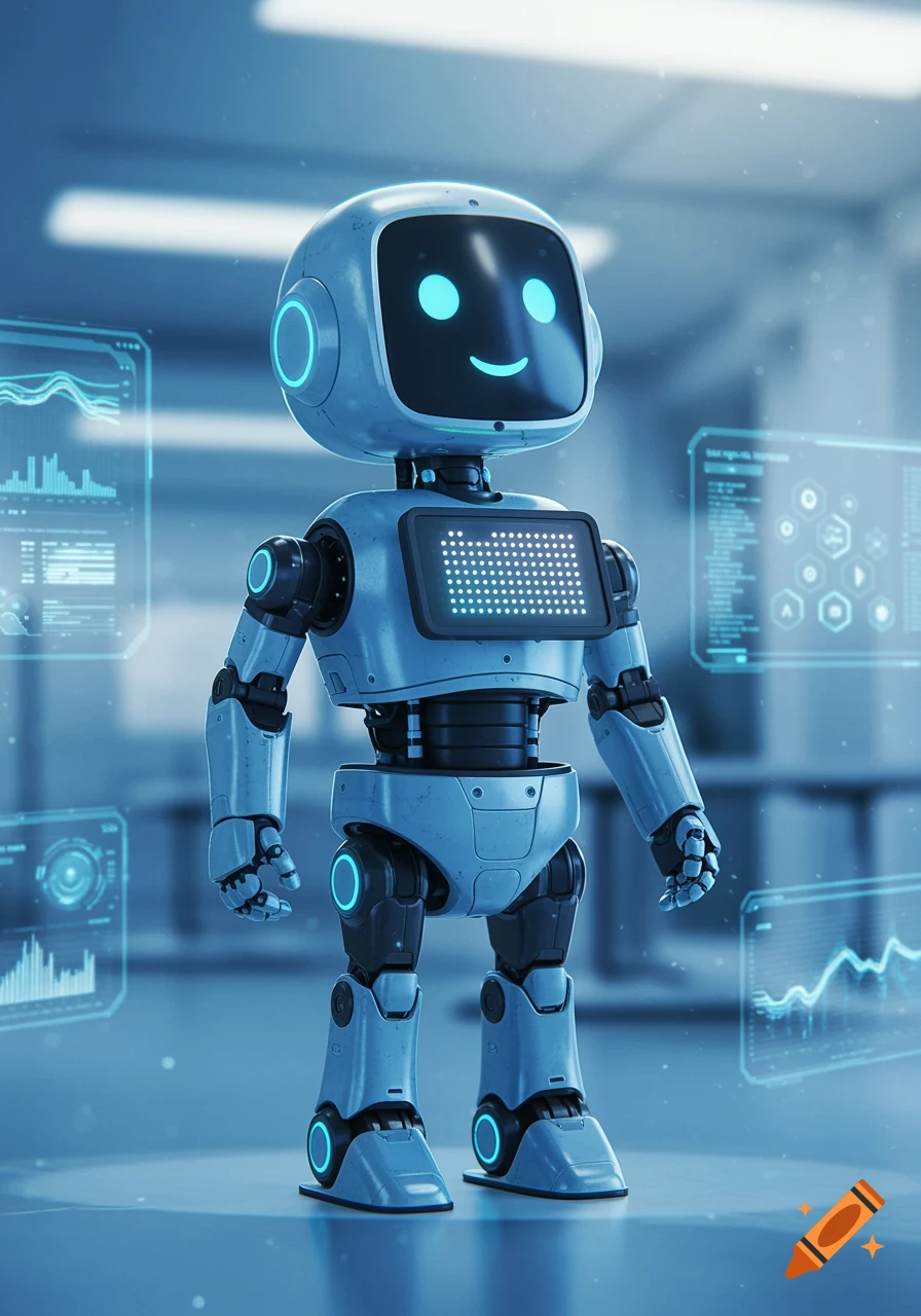 A happy, blue and grey robot with a glowing face stands in a futuristic, blue-lit room surrounded by holographic data screens.