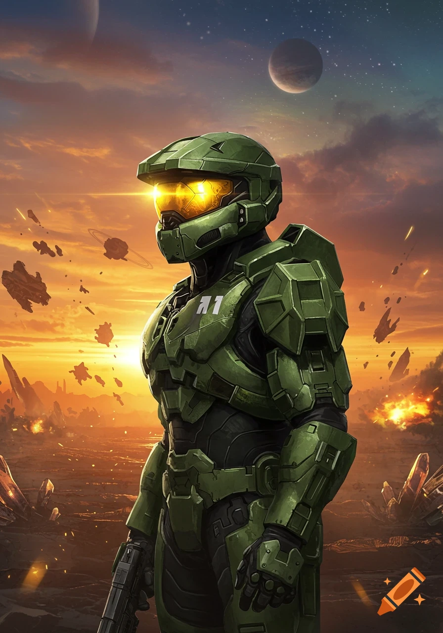 Master Chief in green armor stands on an alien planet at sunset, with explosions and planets in the sky, digital art.