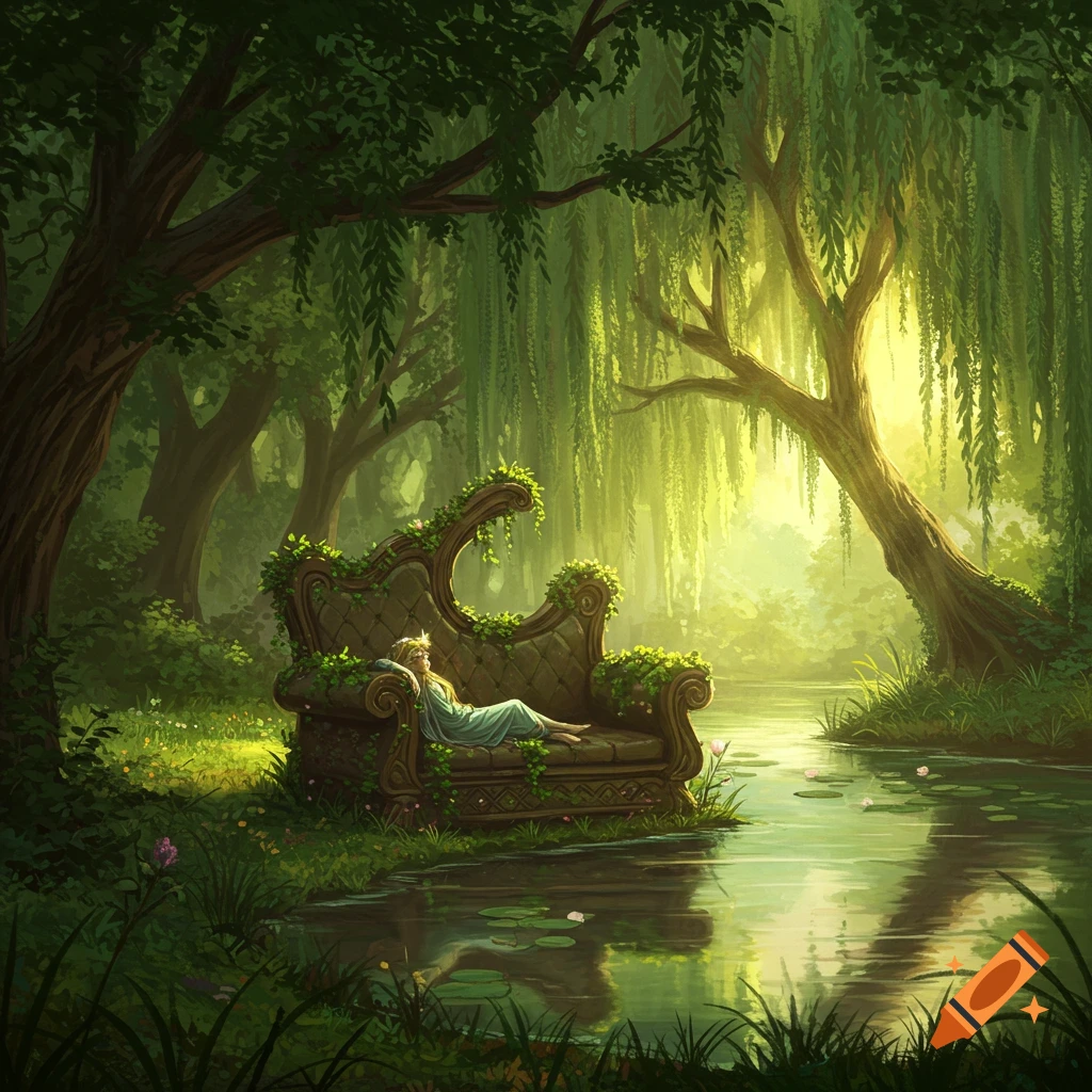 A person relaxes on a moss-covered loveseat by a pond in a lush, sunlit fantasy forest with weeping willow trees.