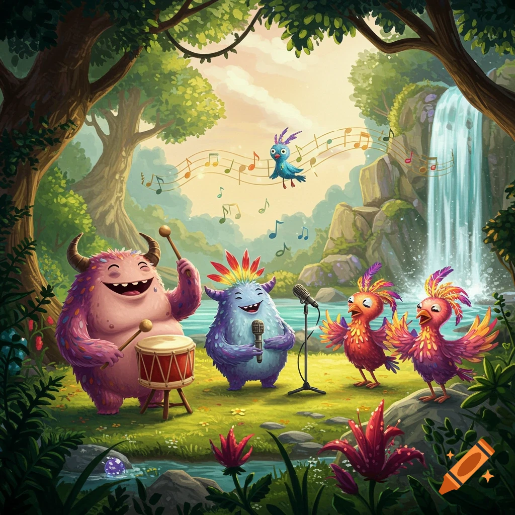 A colorful, whimsical scene of five cartoon monsters playing music in a lush forest with a waterfall. A pink monster plays drums, a purple monster sings into a microphone, and two bird-like creatures sing. Musical notes float in the air.