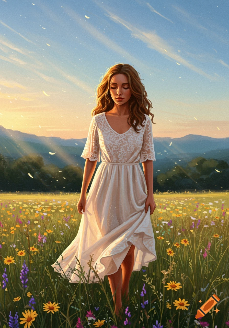 A long-haired woman in a white dress stands in a vibrant flower field with mountains at sunset, painted style.