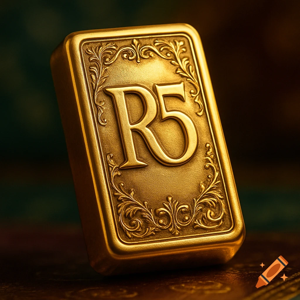 A close-up, photorealistic image of a gold bar with the inscription "R5" centered on its face, surrounded by ornate engravings.