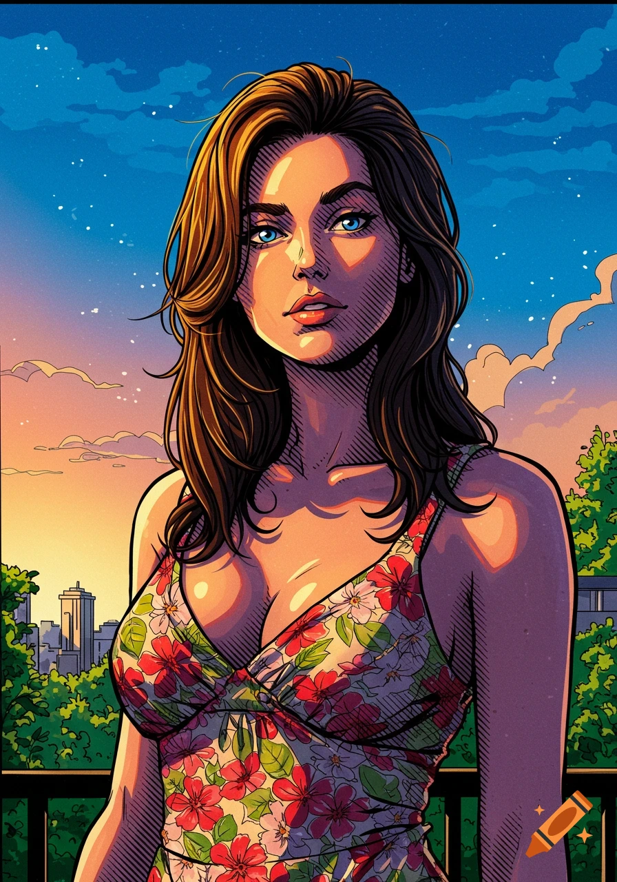 A woman with brown hair and blue eyes in a floral sundress, depicted in detailed comic book art style, against a sunset cityscape.