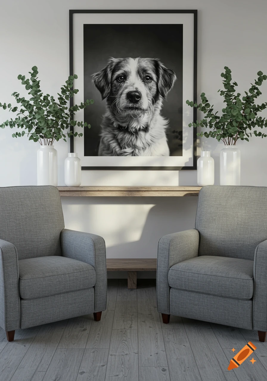 A cozy living room with grey recliners, a console table with eucalyptus in white vases, and a large black and white portrait of a dog.