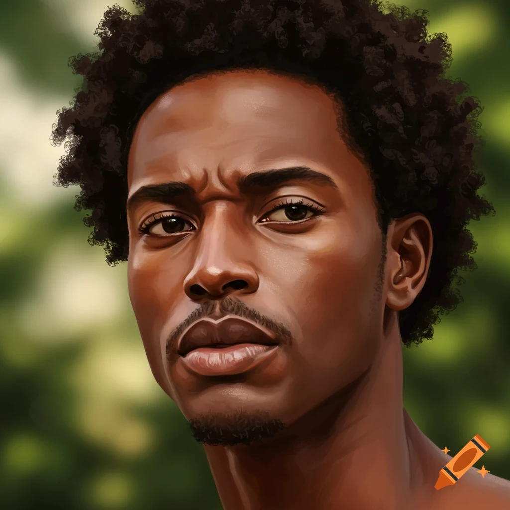 Close-up digital painting of a man with dark skin, curly hair, and a mustache, looking intently with a furrowed brow.