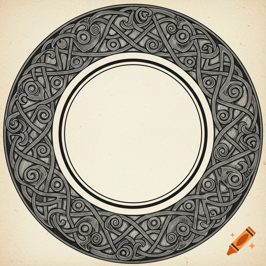 Black and white Celtic knot design forming a circular border around a blank center on aged paper.