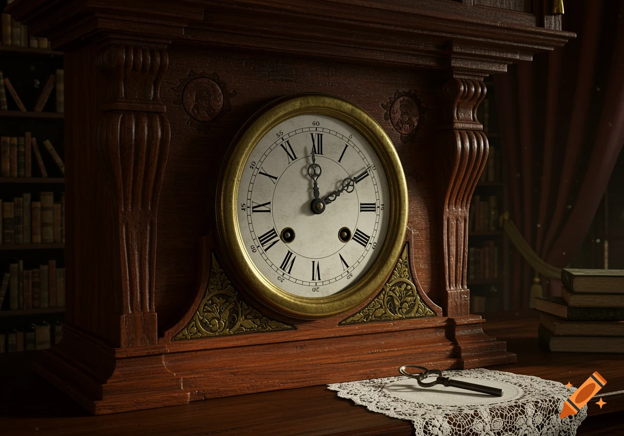 A close-up photorealistic image of an ornate wooden mantel clock with Roman numerals, an old key, and books on a table.