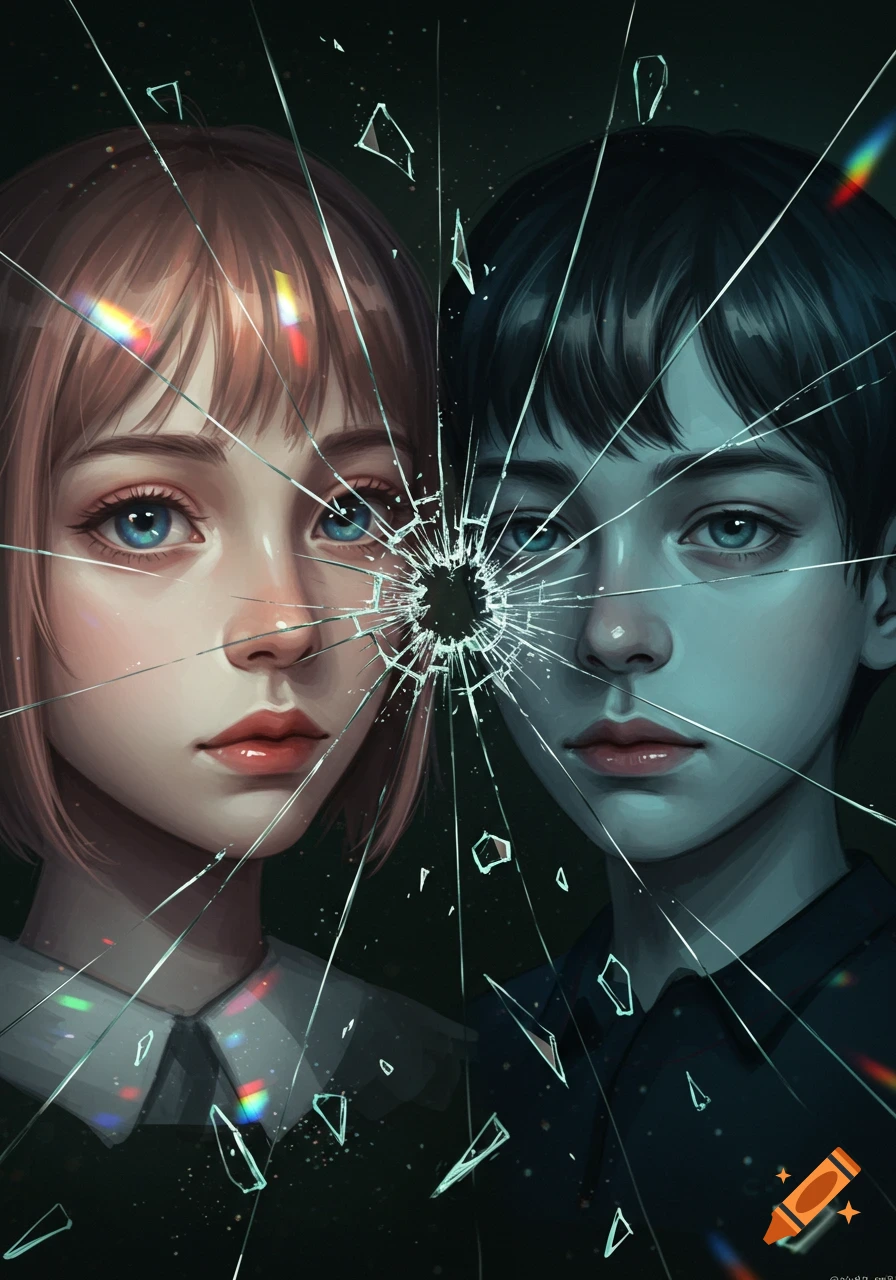 Digital painting of a girl and boy's faces divided by a shattered mirror with colorful reflections.