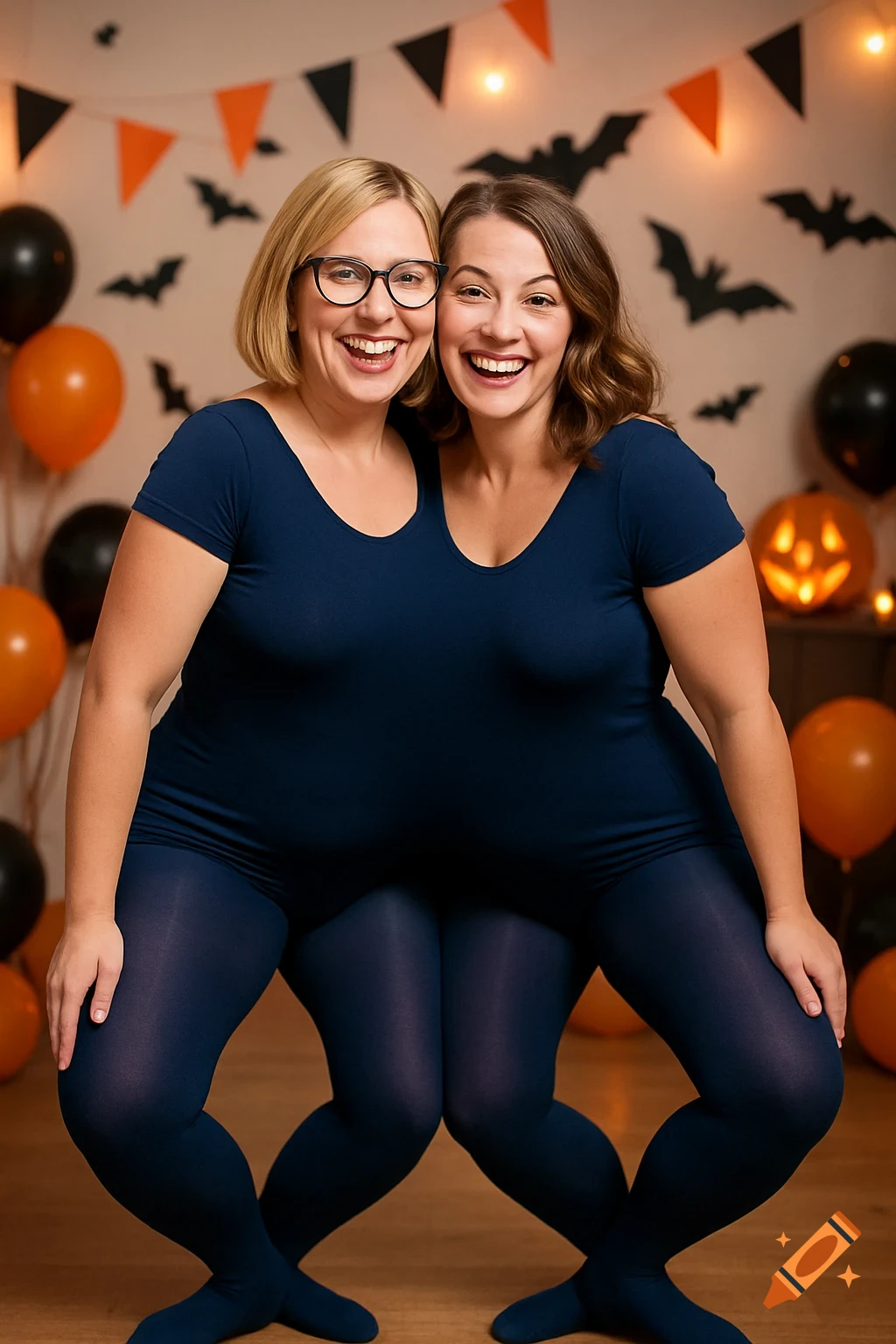 Two women conjoined at the torso in a dark blue leotard pose in front of Halloween decorations.