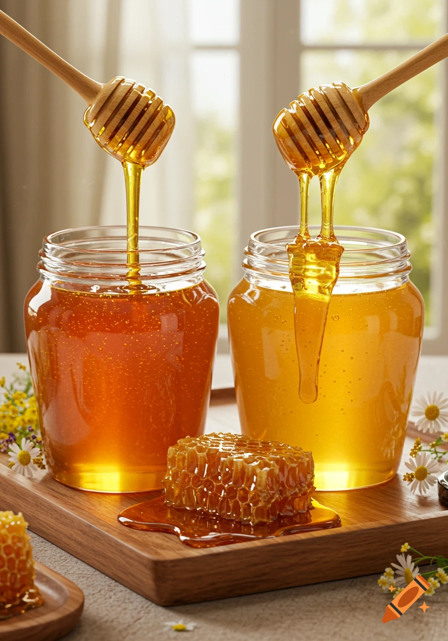 Two jars of honey, one darker and one lighter, with honey dippers dripping honey, a piece of honeycomb, and daisies on a wooden board, photorealistic.